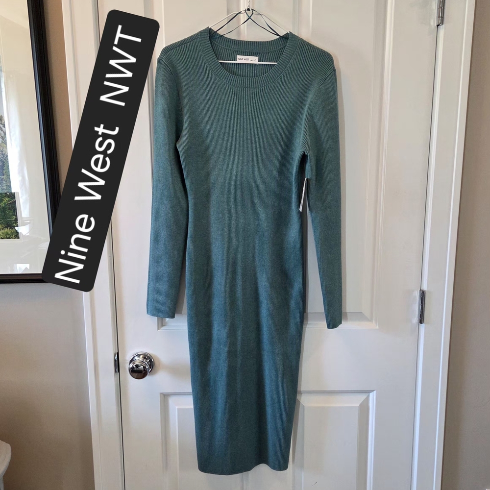 NINE WEST Ribbed Knit Long Sleeve Midi Sweater Dress Women's L Fitted Green